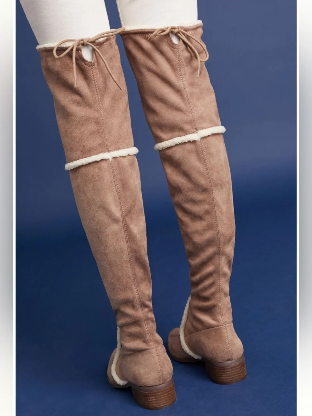 Charles David Taupe Over-the-Knee Faux-Suede Boots with Shearling Trim